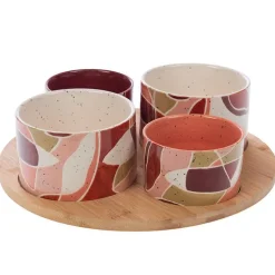 Ensemble plateau en bois et 4 bols en grès coloré Elena - Ø 30 cm