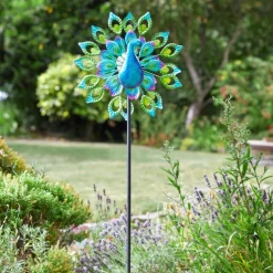 Eolienne solaire Paon coloris bleu en métal Smartgarden - 131 x 37,5 x 19,5 cm