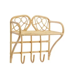 Etagère murale et 3 patères coloris bois en rotin - 50 x 33 x 54 cm