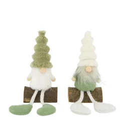 Figurine gnome en tissu vert sur rondin en pin - 7,5 x 5 x 14 cm