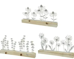 Fleurs en fer blanc sur support en bois blanchi - 29 x 17 cm