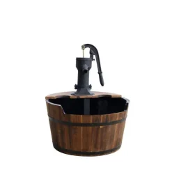 Fontaine tonneau newcastle en bois avec pompe à bras Ø 60 cm x H75 cm