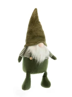Gnome assis en tissu avec bonnet brun et pull vert rayé - 26 x 19 x 45 cm