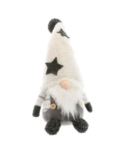 Gnome assis en tissu avec bonnet à étoiles noires - 16 x 14 x 35 cm