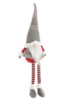 Gnome assis garçon en tissu avec bonnet en maille lurex gris - 24 x 13 x 78 cm