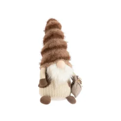 Gnome brun et beige assis avec bonnet fluffy petit modèle - 42 cm