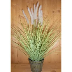 Graminée Jonc artificiel pot zinc 80x45,5x15 cm