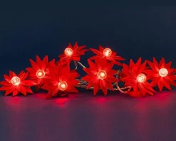 Guirlande lumineuse avec poinsettias rouges à 10 LED rouges et câble argent sur piles - 1,80 m