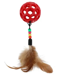 Jouet pour chat balle et queue avec perles et plumes coloris rouge Wouapy - Ø 4,8 cm