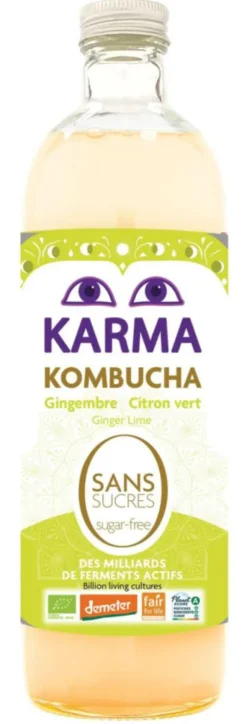 Karma kombucha au gingembre et citron vert sans sucre bio en bouteille de verre Karma - 75 cl