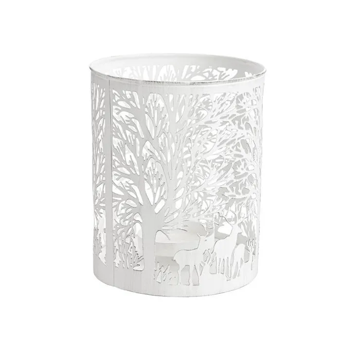 Lanterne à décor forêt blanche en métal ajouré petit modèle- Ø 13,5 x H 13,5 cm
