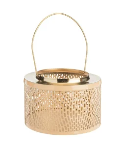 Lanterne basse ajourée coloris rose en métal - 11 x 11 x 9,5 cm