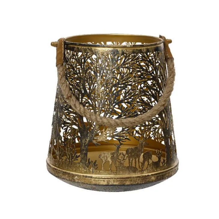 Lanterne conique décor forêt coloris marron en métal - 20 x 20 x 23 cm