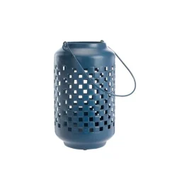 Lanterne en métal émaillé bleu mat décor cubes - Ø 15 x H 25 cm