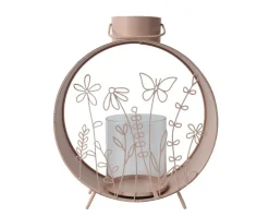 Lanterne ronde en fer avec fleurs coloris pêche - 24 x 10 x 29 cm