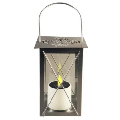 Lanterne solaire carrée en métal argent à LED jaune 14,5x14,5x21 cm