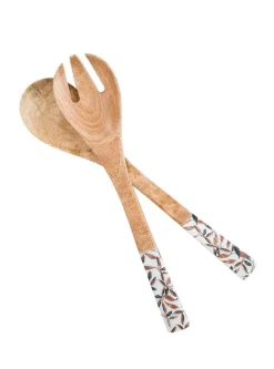 Lot de 2 couverts feuillage d'automne coloris blanc en bois de manguier - 33 x 7 x 2 cm