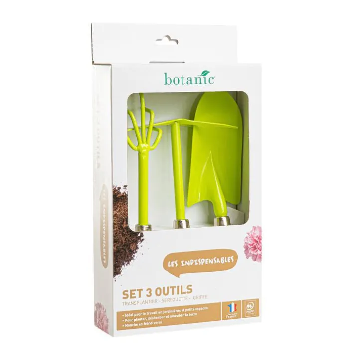 Lot d'outils à main pour le jardin coloris anis (transplantoir, serfouette, griffe) botanic® - 3 outils