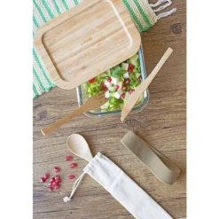 Lunch box nomade en verre et bambou 1000 ml avec couverts 20x15x6,5 cm