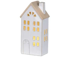 Maison en porcelaine blanche avec LED fixe blanc chaud pour intérieur - 6,8 x 10,3 x 20,5 cm