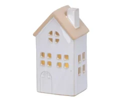Maison en porcelaine blanche avec LED fixe blanc chaud pour intérieur - 6,7 x 8,7 x 15,5 cm