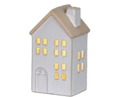 Maison en porcelaine blanche avec LED fixe blanc chaud pour intérieur - 6,2 x 7,4 x 12,7 cm