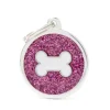 Médaille à graver pour chien coloris rose pailleté grand cercle avec un os blanc Myfamily Shine