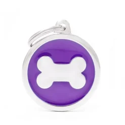 Médaille classic grand cercle os violet pour chien en acier