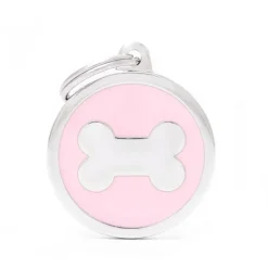 Médaille classic grand cercle os rose pour chien en acier