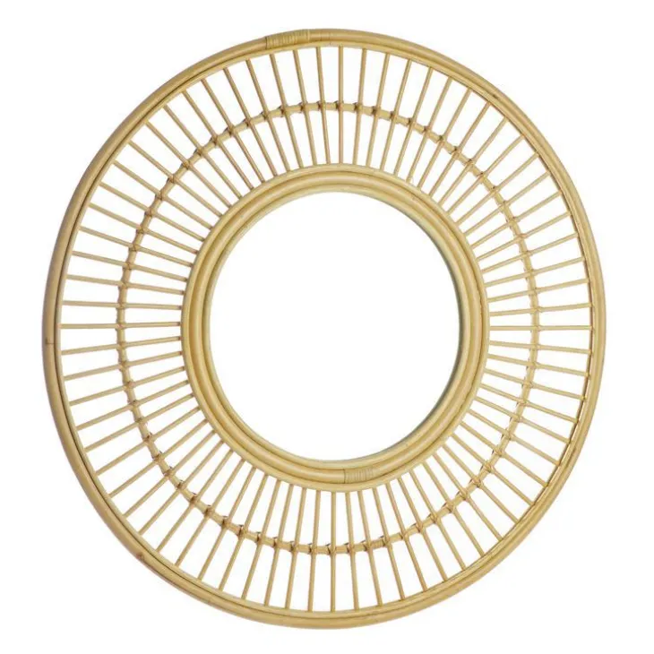 Miroir rond lignes coloris bois en rotin - 90 x 90 x 4 cm