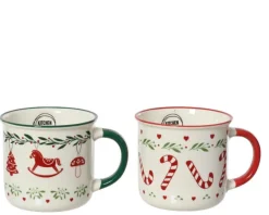Mug blanc en porcelaine à motifs Noël rouges et verts et anse colorée - Ø 10,4 x H 8,5 cm