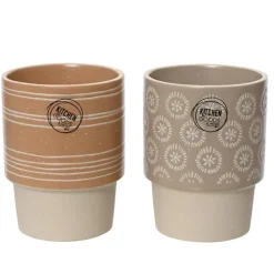 Mug rond en grès coloris marron et beige imprimé sérigraphie avec un motif rond et cercle – Ø 8,20 x 11 cm (produit vendu à l'unité, livré aléatoirement parmi deux modèles)