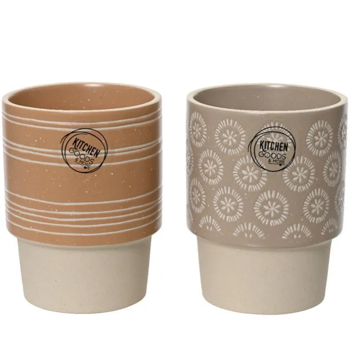 Mug rond en grès coloris marron et beige imprimé sérigraphie avec un motif rond et cercle – Ø 8,20 x 11 cm (produit vendu à l'unité, livré aléatoirement parmi deux modèles)