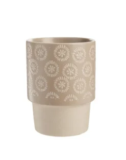 Mug rond en grès coloris marron et beige imprimé sérigraphie avec un motif rond et cercle – Ø 8,20 x 11 cm (produit vendu à l'unité, livré aléatoirement parmi deux modèles)