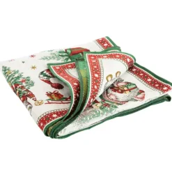 Nappe blanche en PE/coton à motifs verts et rouges Lutins - 150 x 250 cm