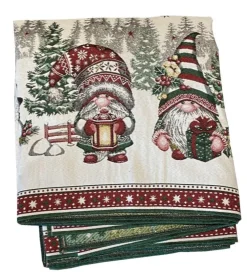 Nappe carrée blanche en PE/coton à motifs verts et rouges Lutins - 140 x 140 cm