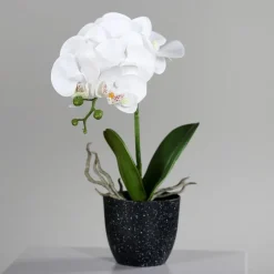 Orchidée Phalaénopsis artificielle blanche en pot céramique crème – 48 cm