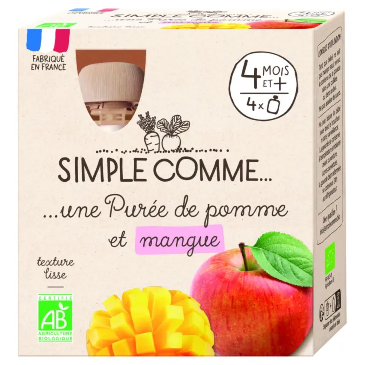 Pack de 4 gourdes de purée de pomme et mangue bio Simple comme - 4 x 85 g