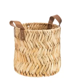 Panière décor zig zag zvec anses coloris beige en jacinthe d'eau - 25 x 25 x 25 cm