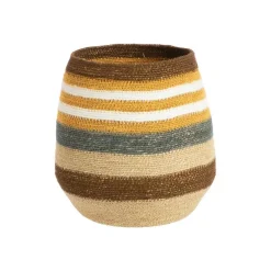 Panière ovale rayée en osier marron, bleu, jaune et blanc - 26 x 26 x 27 cm