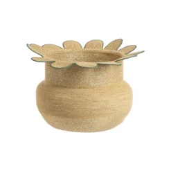 Panière ronde en osier naturel avec décor fleur bordé de bleu - Ø 44 x H 32 cm