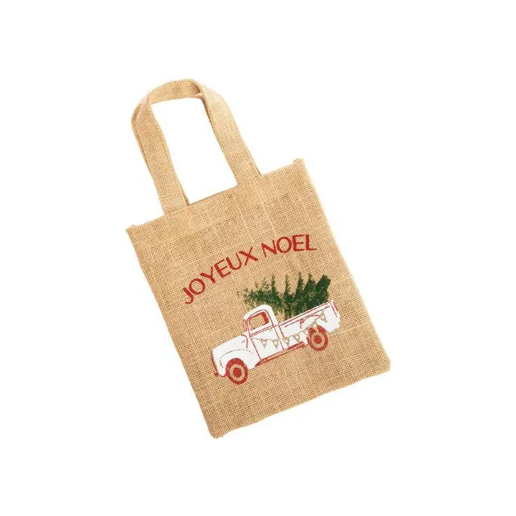 Petit sac en jute décor sapin dans van beige, blanc et vert - 20 x 24 cm