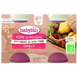Petits pots pour bébé dès 4 mois poire fraise vanille Babybio – 2 x 130 g