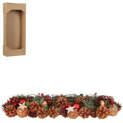 Photophore branche de sapin, pommes de pin naturelles et décorations colorées Roslyn - 54 x 16,5 x 10 cm