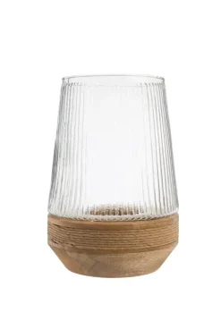 Photophore en verre sur socle en bois de manguier - Ø 18,5 x H 26 cm