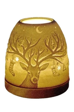 Photophore mini igloo en céramique blanche et socle bois motif cerf - Ø 9 x H 11 cm