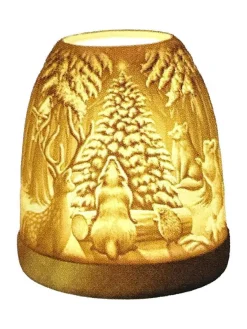 Photophore mini igloo en céramique blanche et socle bois motif animaux de la forêt - Ø 9 x H 11 cm