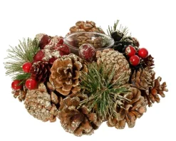 Photophore pomme de pin, baies rouges et mousse avec paillettes - Ø 18 x H 8,5 cm