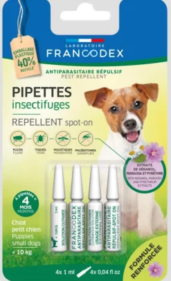 Pipettes antiparasitaires répulsives pour chiot et petit chien moins de 10 kg Francodex - 4 x 1 ml