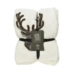 Plaid en fausse fourrure blanc cassé à motif de renne - 170 x 130 cm